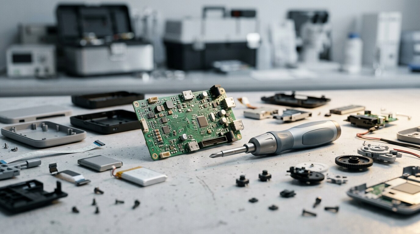 Disassembled consumer appliance on an inspection bench