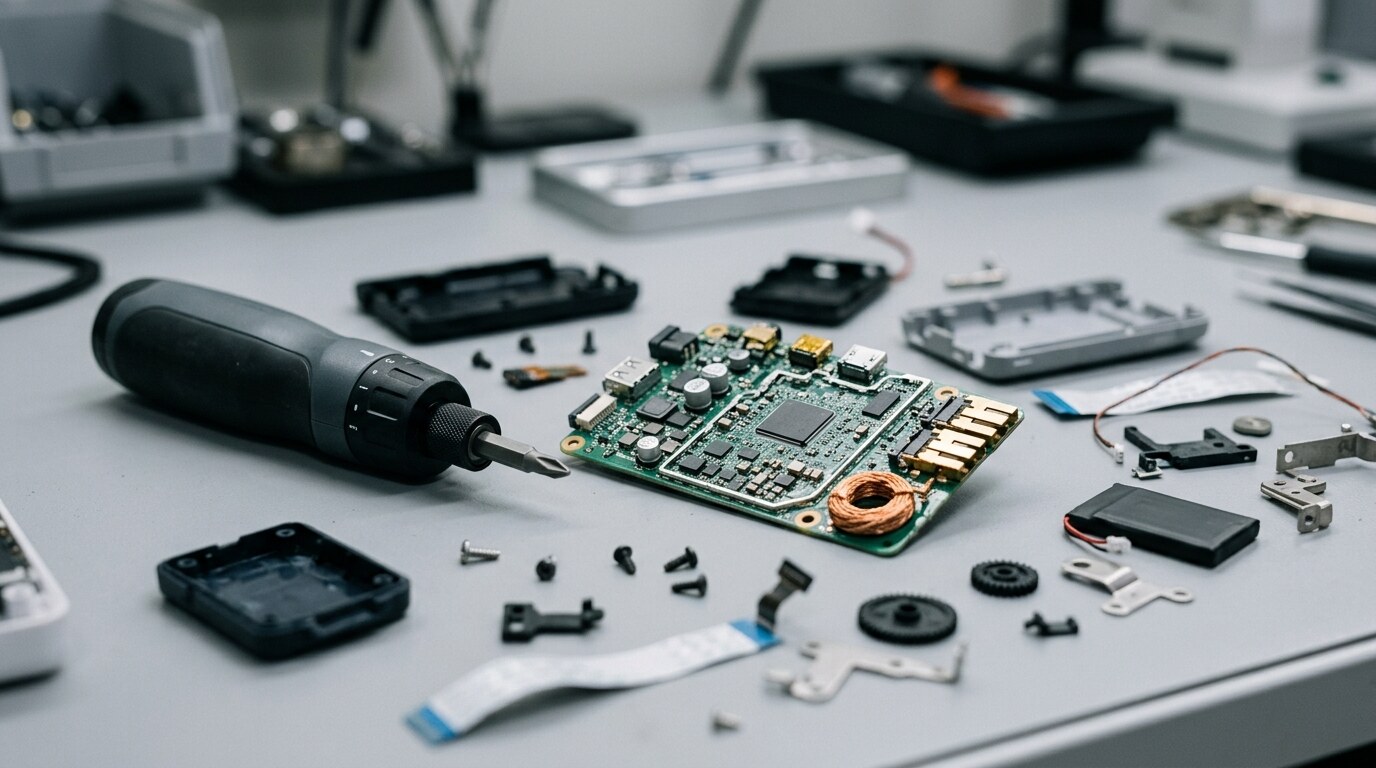 Disassembled industrial machine component parts arranged on a workbench for failure analysis