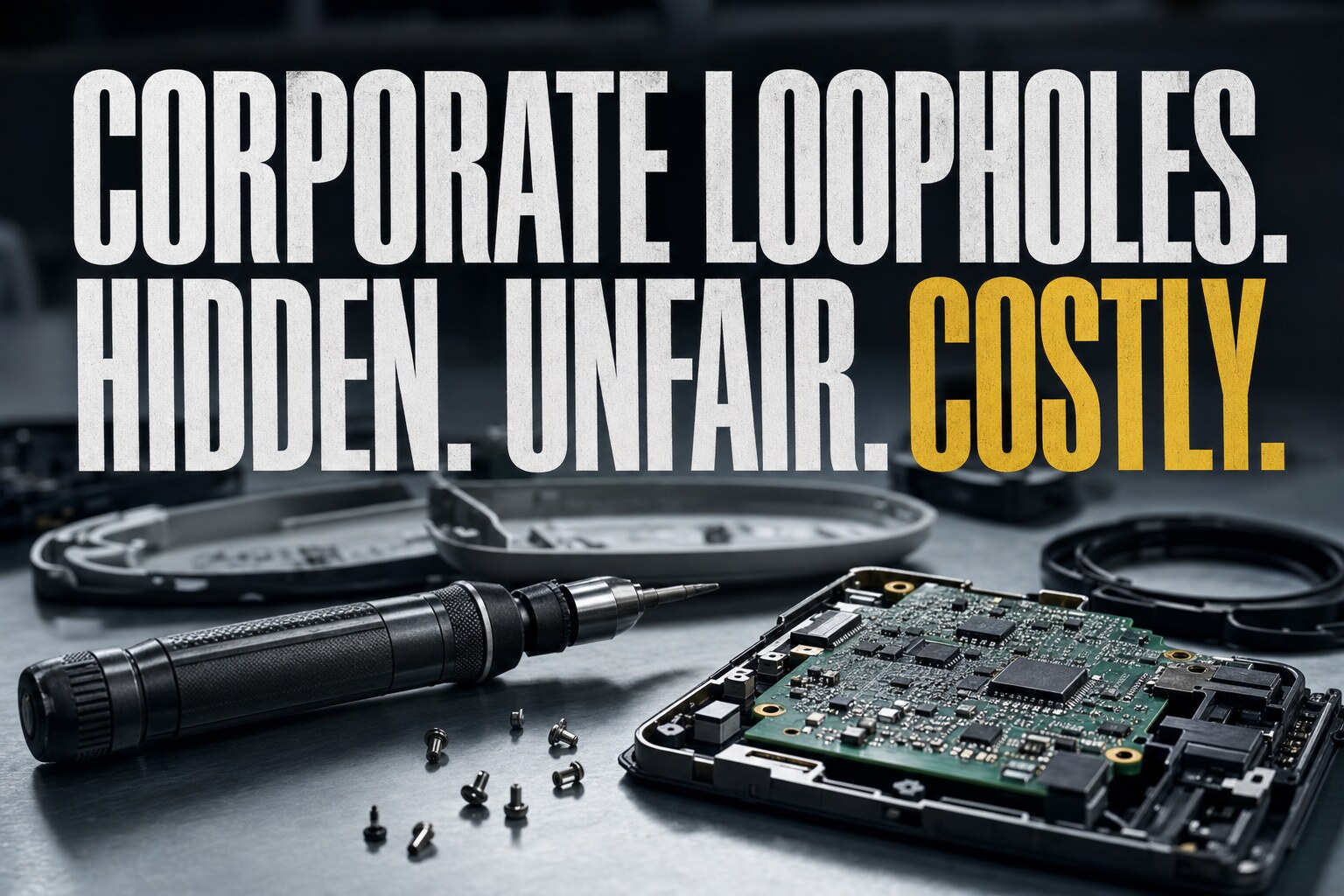 Disassembled consumer-product components on a laboratory bench with a torque driver and exposed circuit board in shallow focus