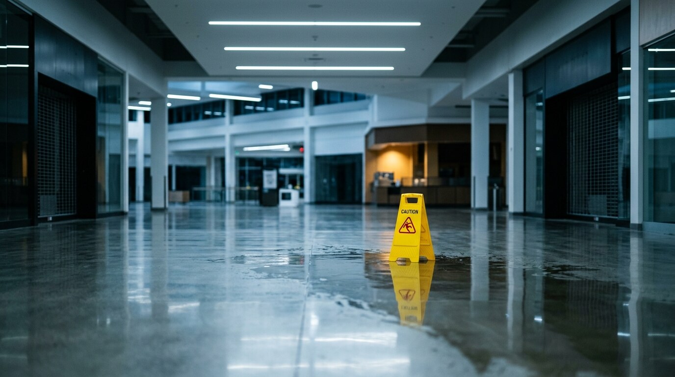 Wet grocery store floor near a leaking refrigerated cooler case with a caution cone nearby