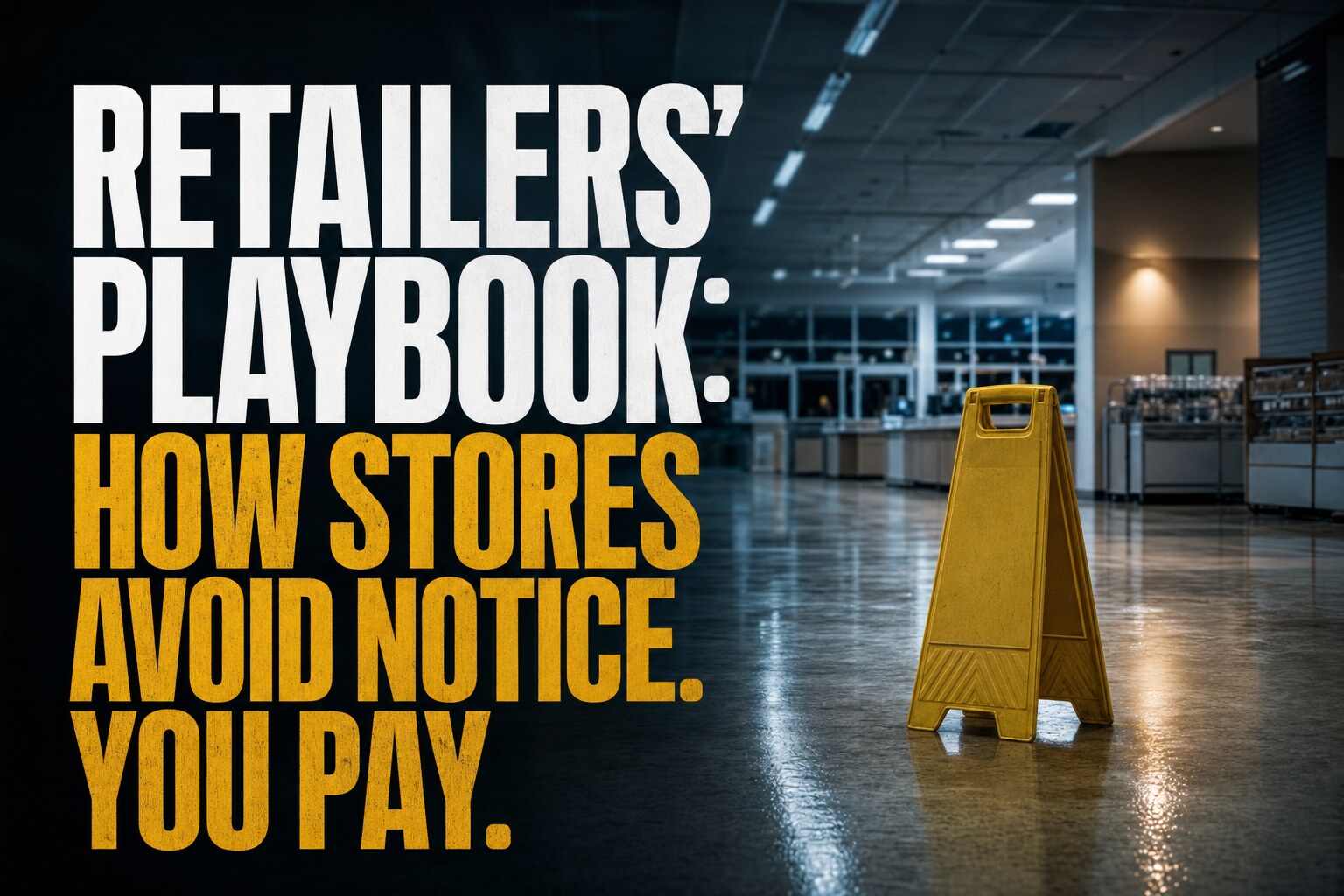 Empty polished retail floor at closing time with a single yellow wet-floor caution stand reflecting overhead fluorescent lights