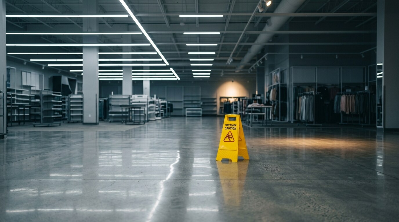 Wet-floor caution sign in an empty grocery store aisle