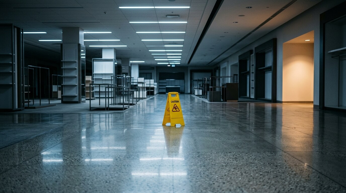 Wet-floor caution sign on a tile grocery aisle under fluorescent light