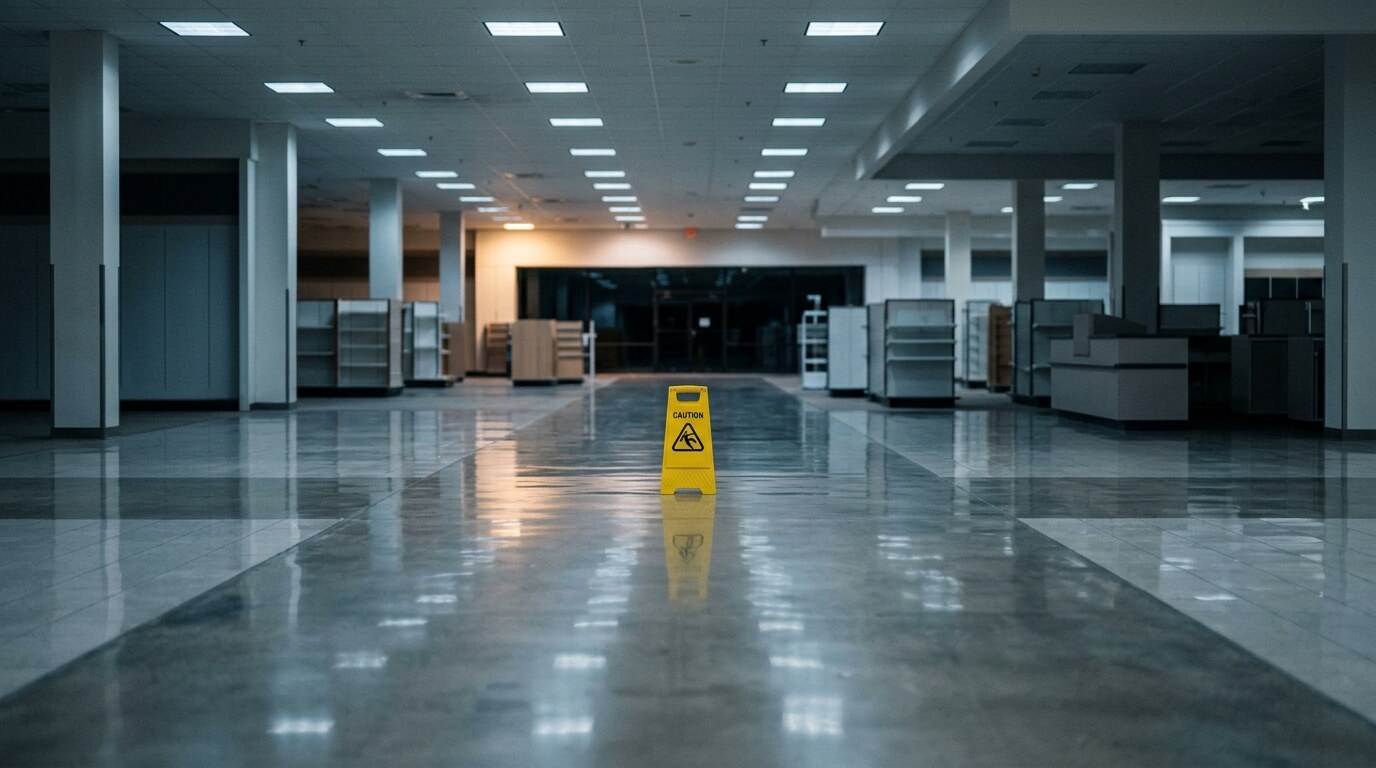 Wet floor caution sign beside a spill in a grocery aisle