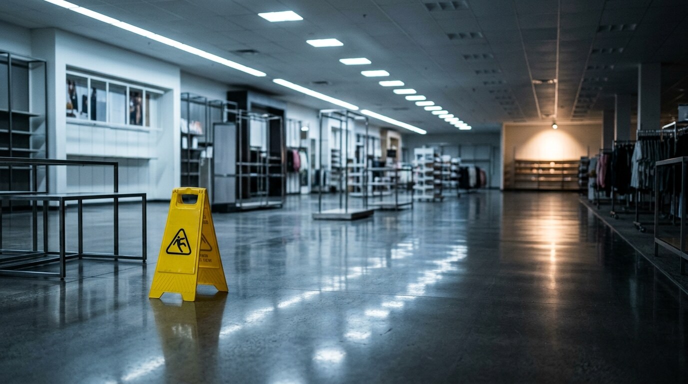 Wet-floor caution sign near a self-service grocery produce display