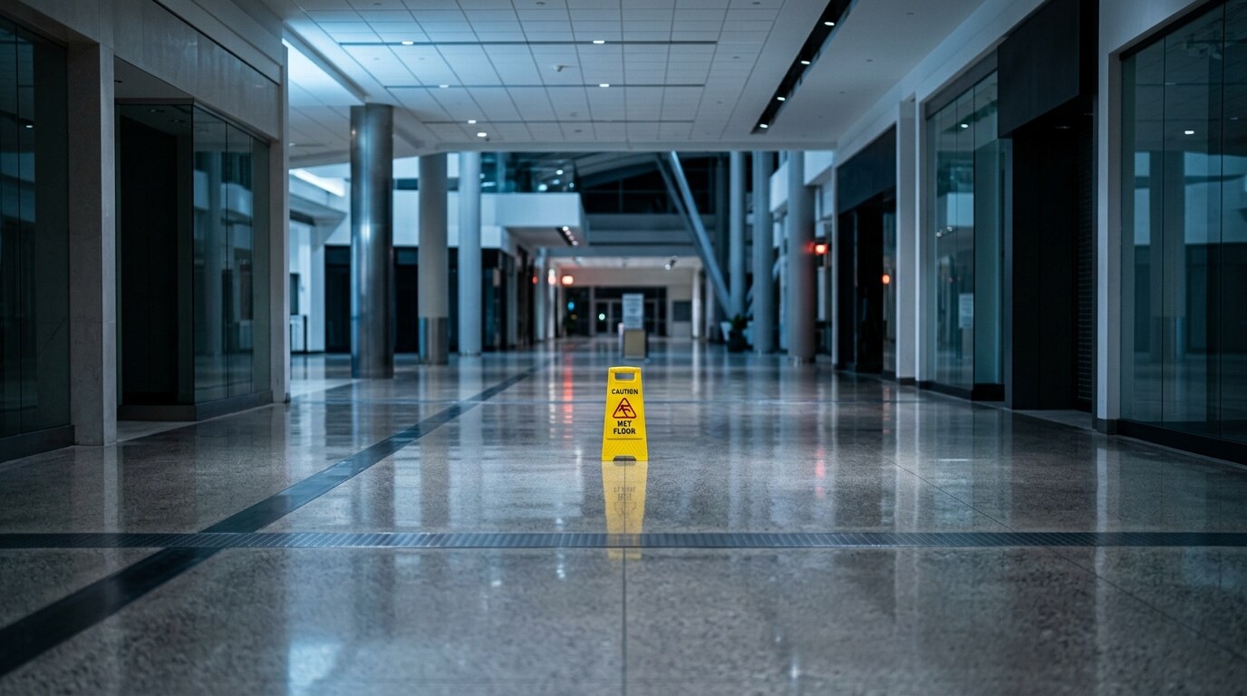 Wet floor near a retail checkout aisle with product displays
