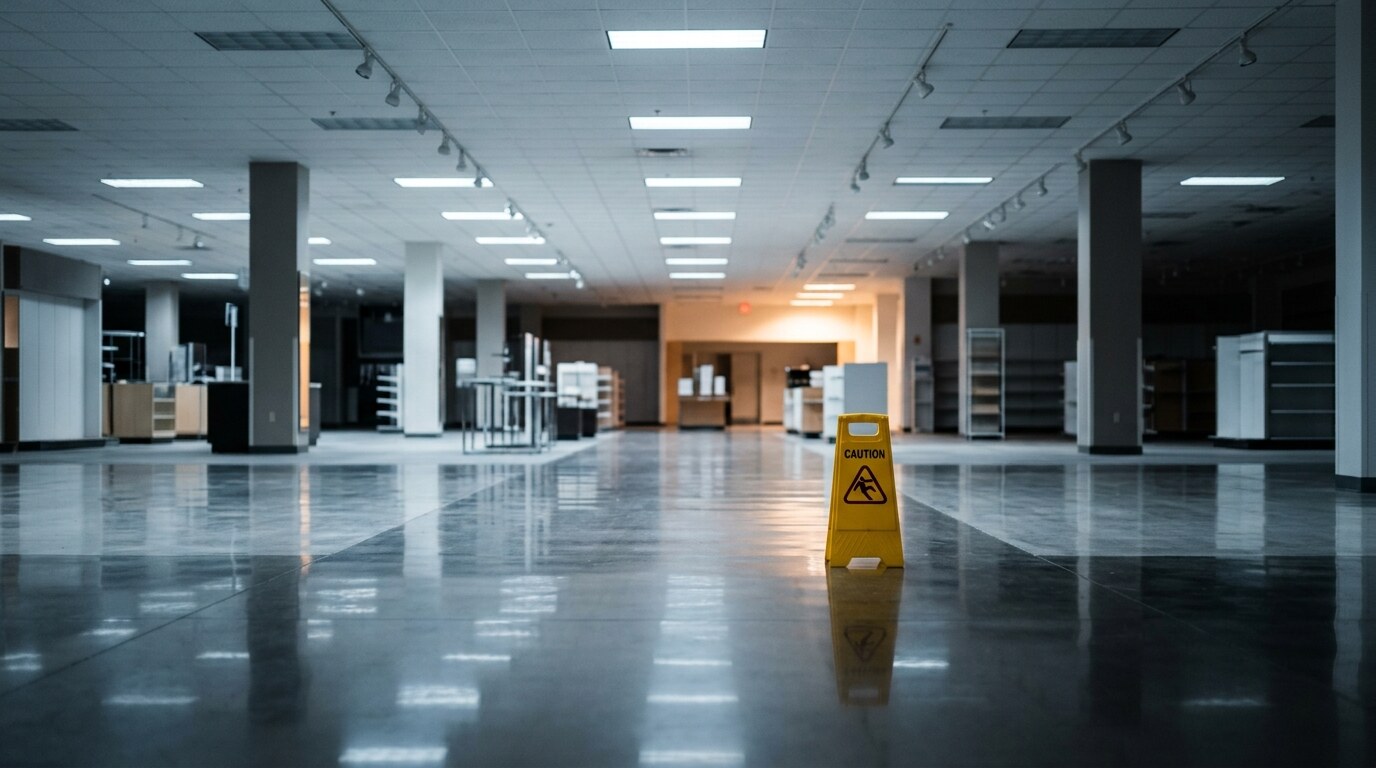 Wet grocery-store aisle with a yellow caution sign