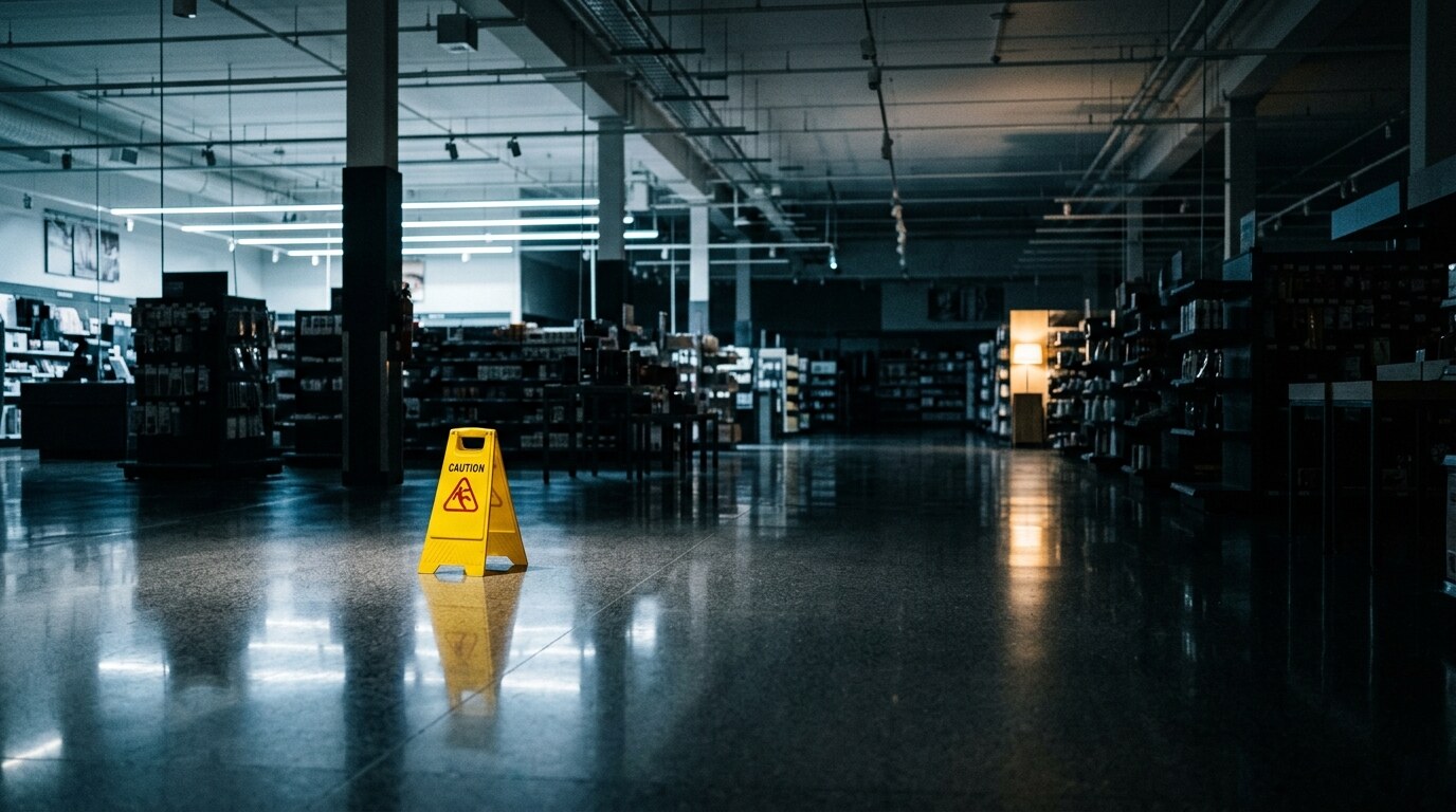 Empty retail aisle under ceiling-mounted security cameras