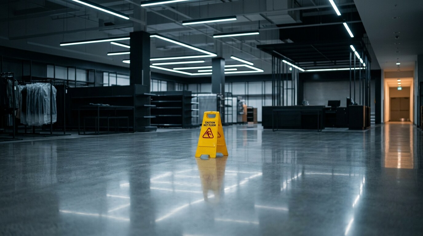 Wet tile floor with a yellow caution cone in a building entryway