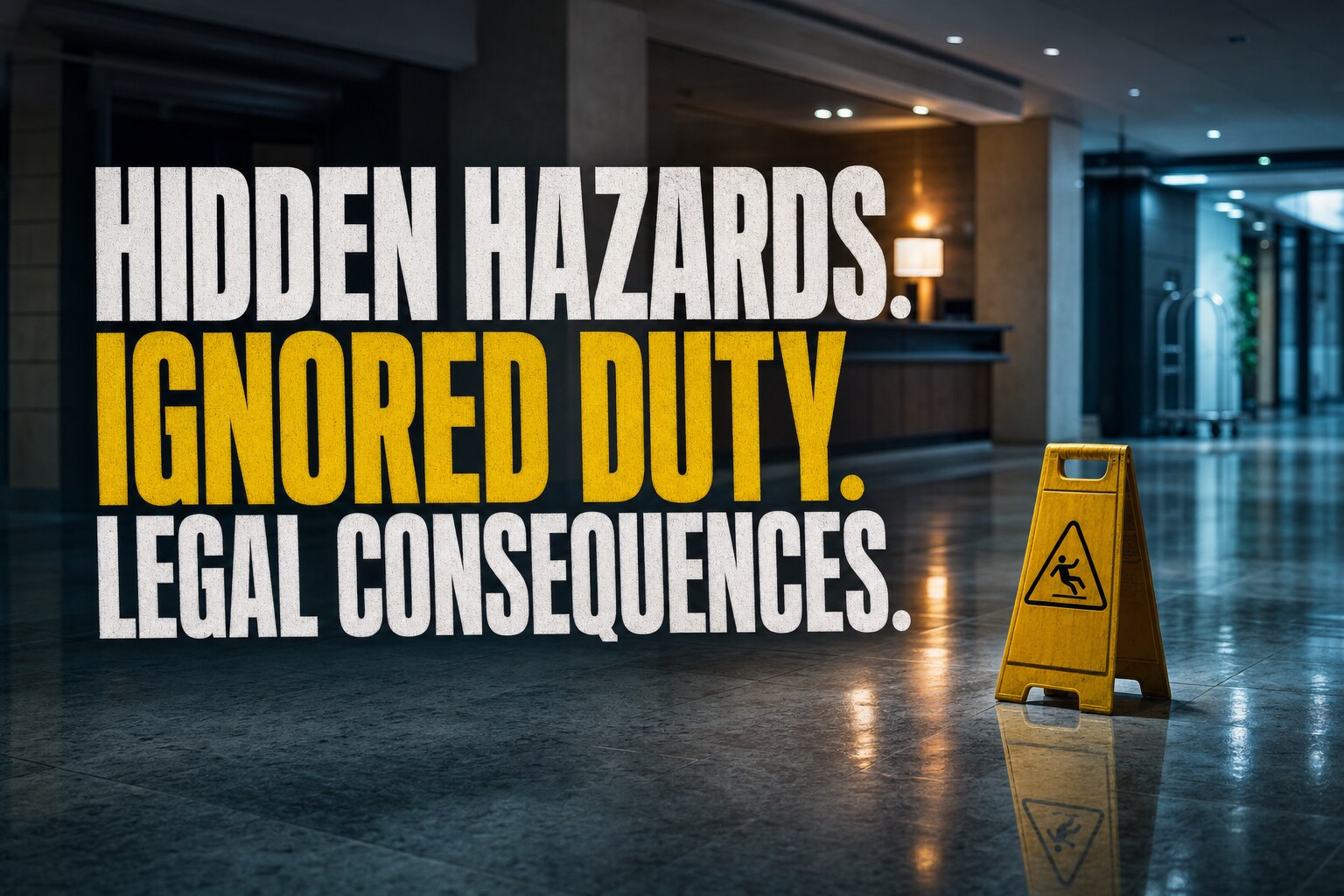 Empty polished retail floor at closing time with a single yellow wet-floor caution stand reflecting overhead lights