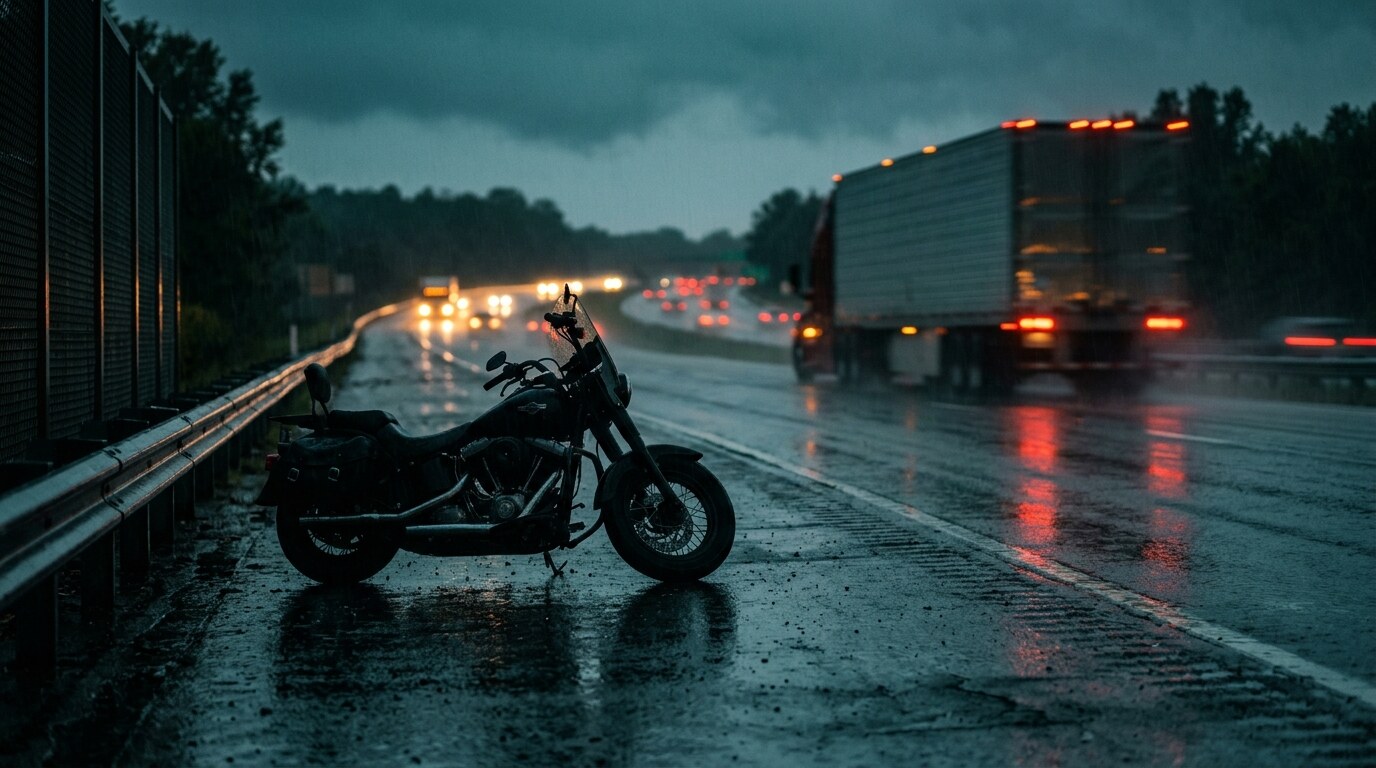A tractor without a trailer attached parked at a highway truck stop at dusk