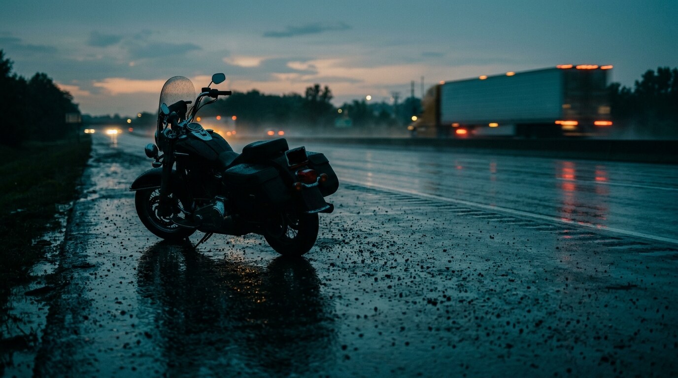 Commercial tractor-trailer and a motorcycle sharing a highway lane at dusk