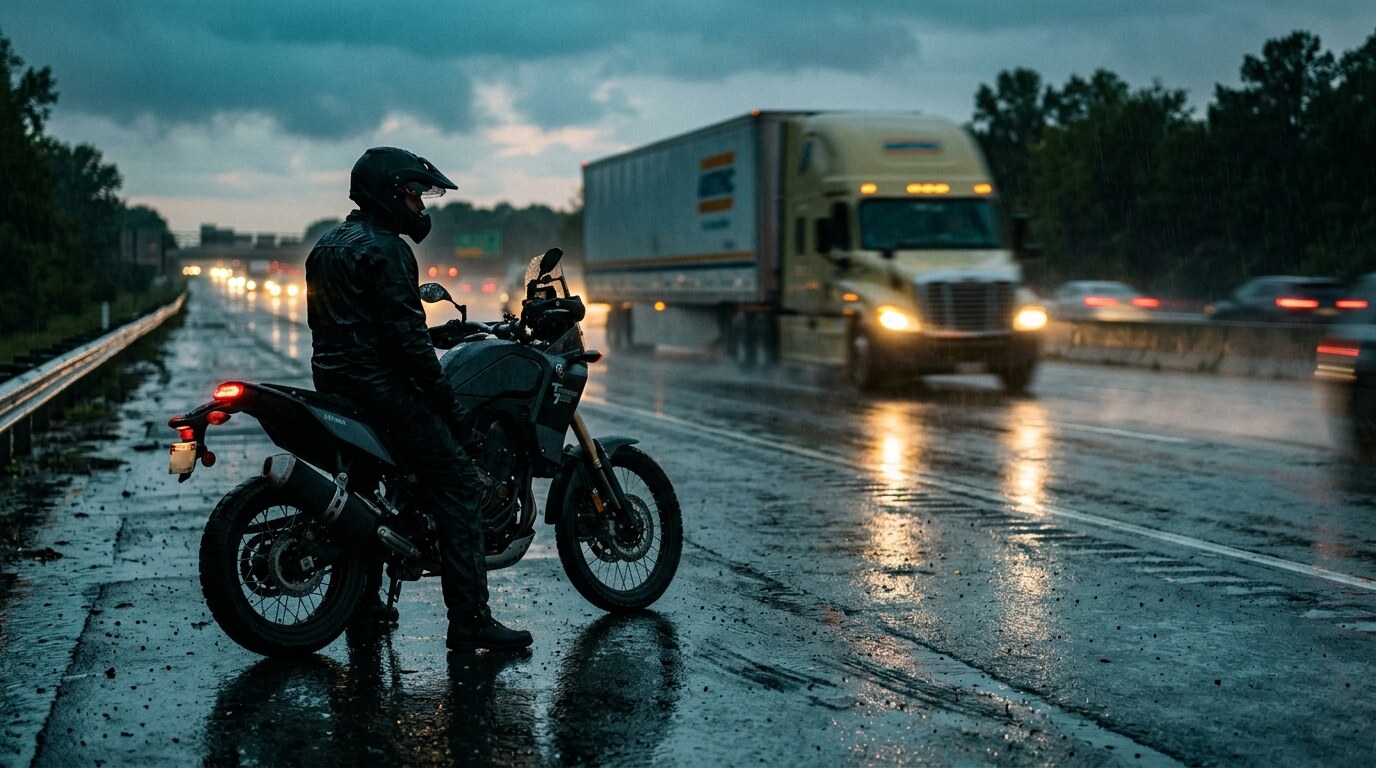 Tractor-trailer on a wet interstate at night seen from a low angle