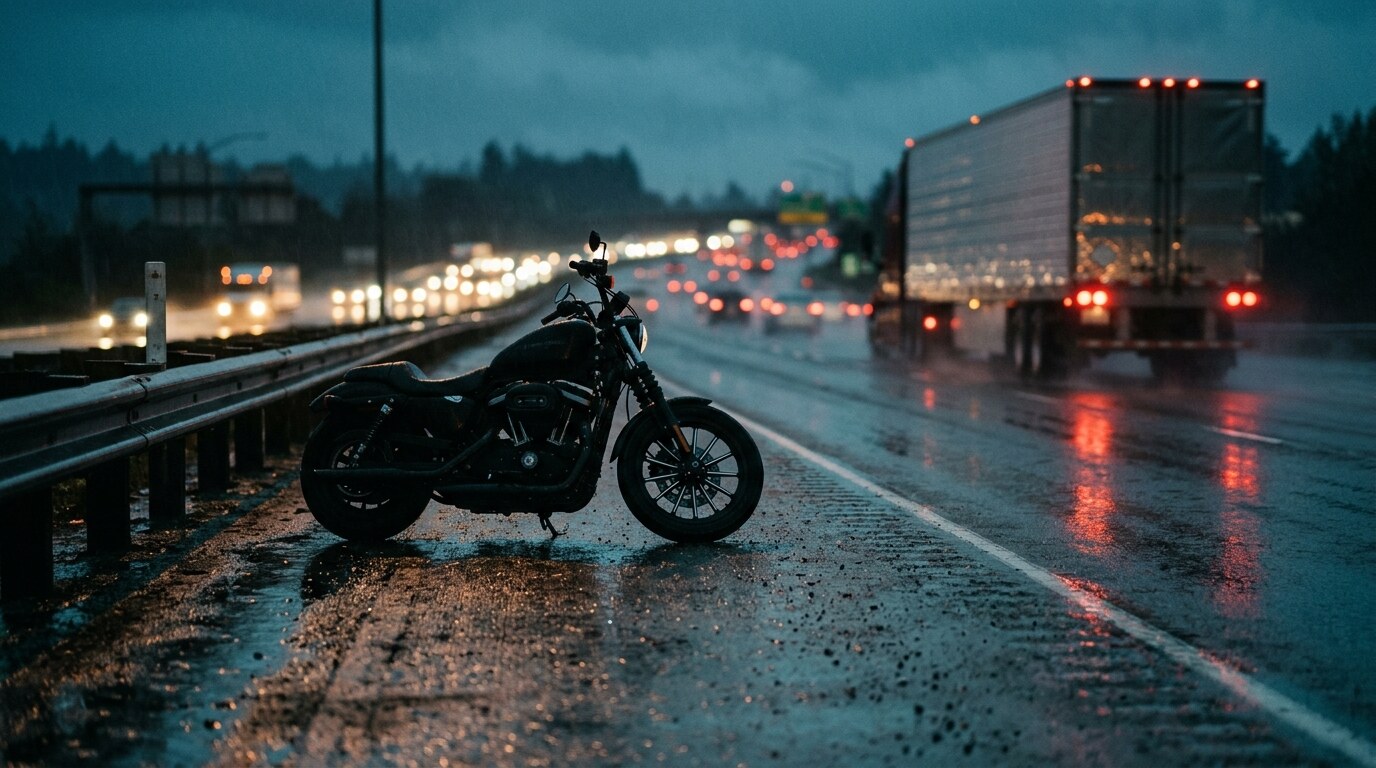 Tractor-trailer and motorcycle sharing a highway lane at dusk