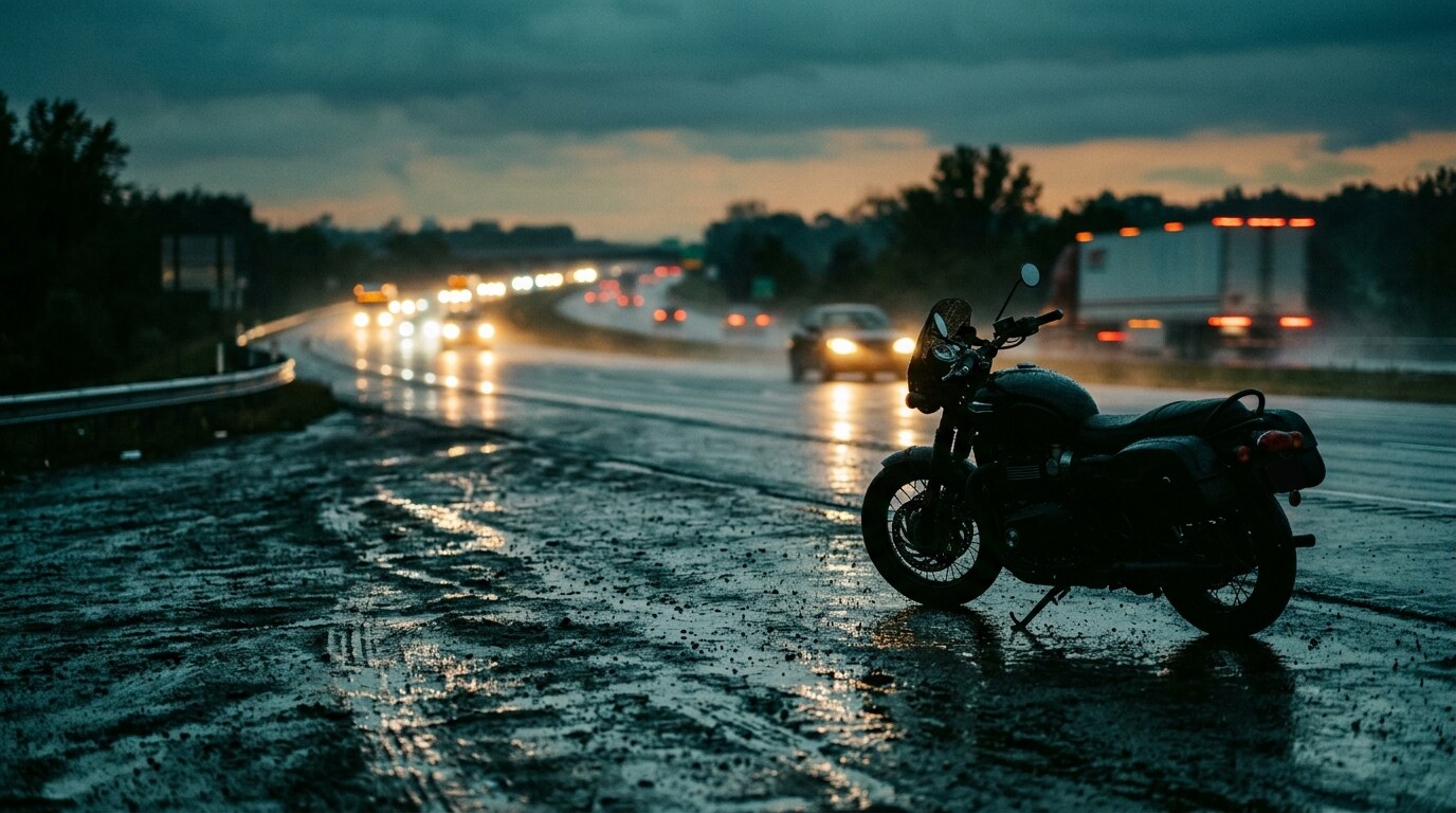 Tractor-trailer on an interstate highway at dusk