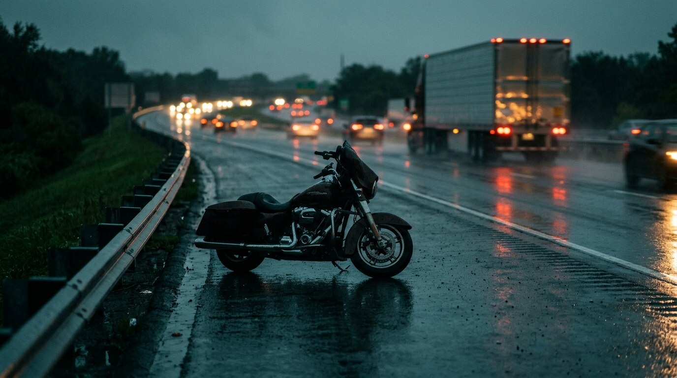 Motorcycle and passenger car stopped at a busy multi-lane intersection