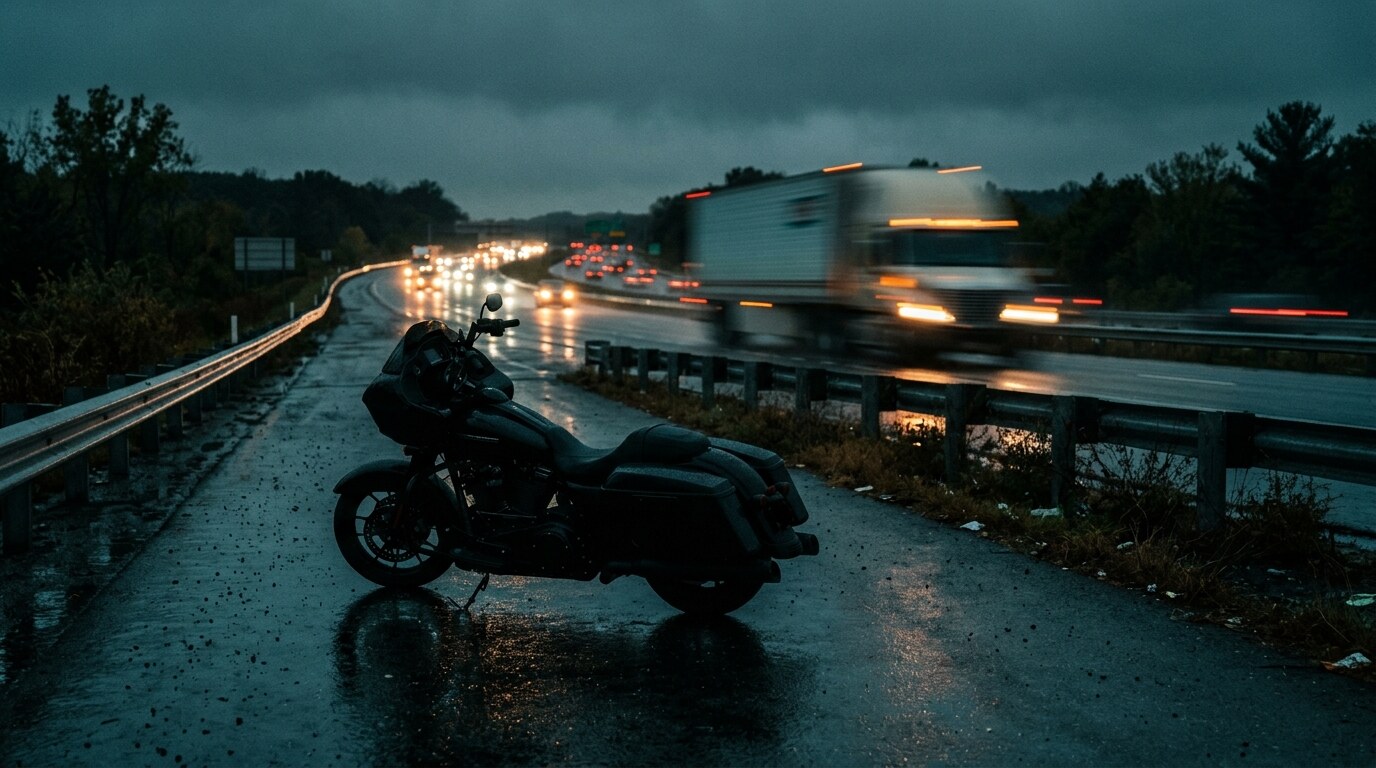 Tractor-trailer and motorcycle sharing a highway lane at dusk