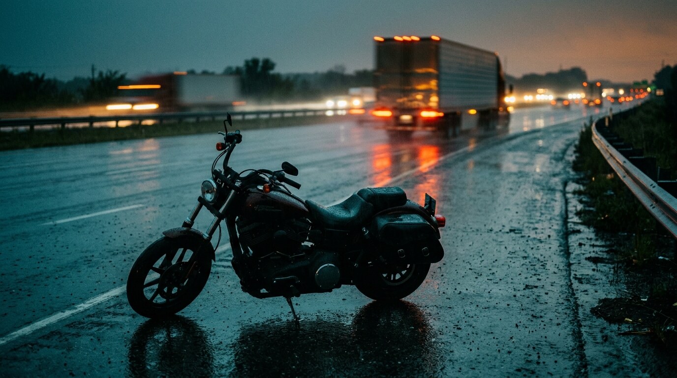 Motorcycle headlight approaching a busy intersection at dusk