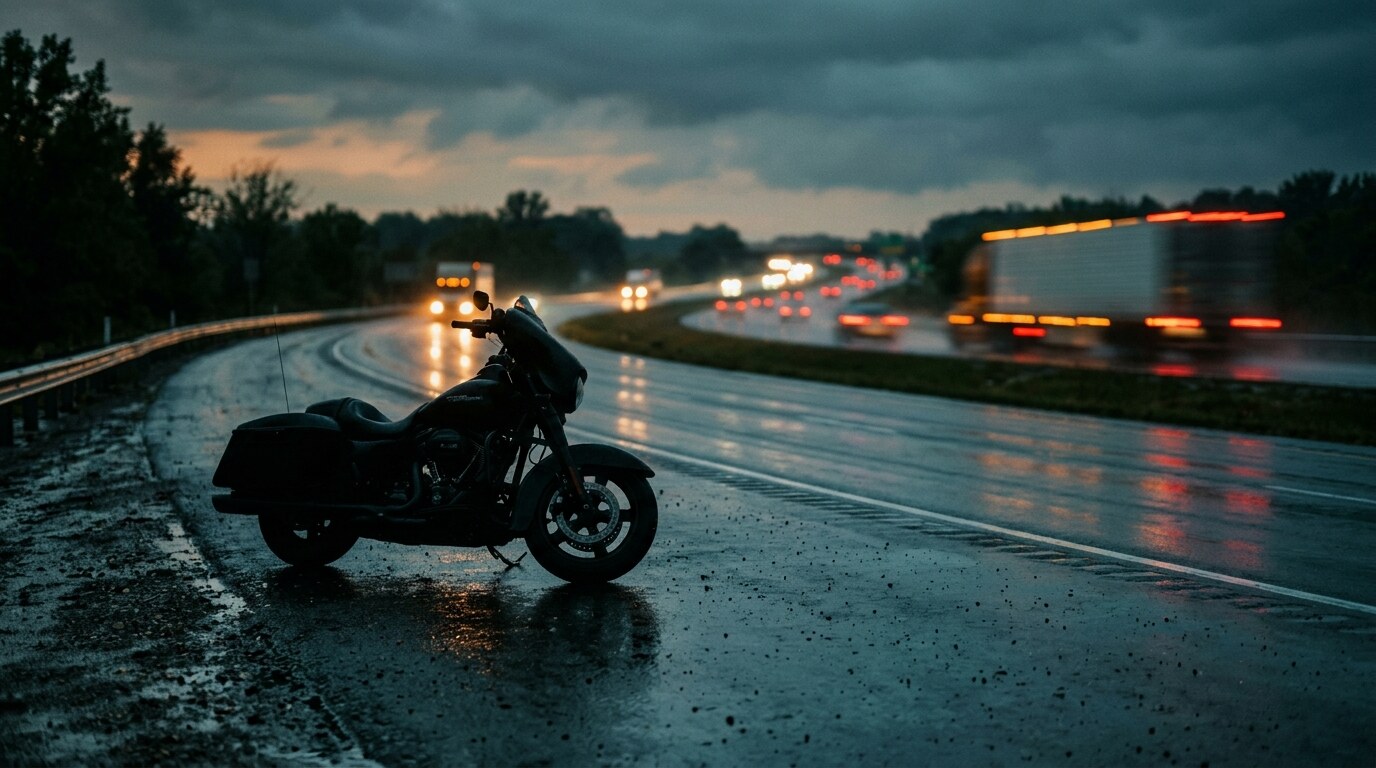 Commercial semi-truck stopped on a highway shoulder at night
