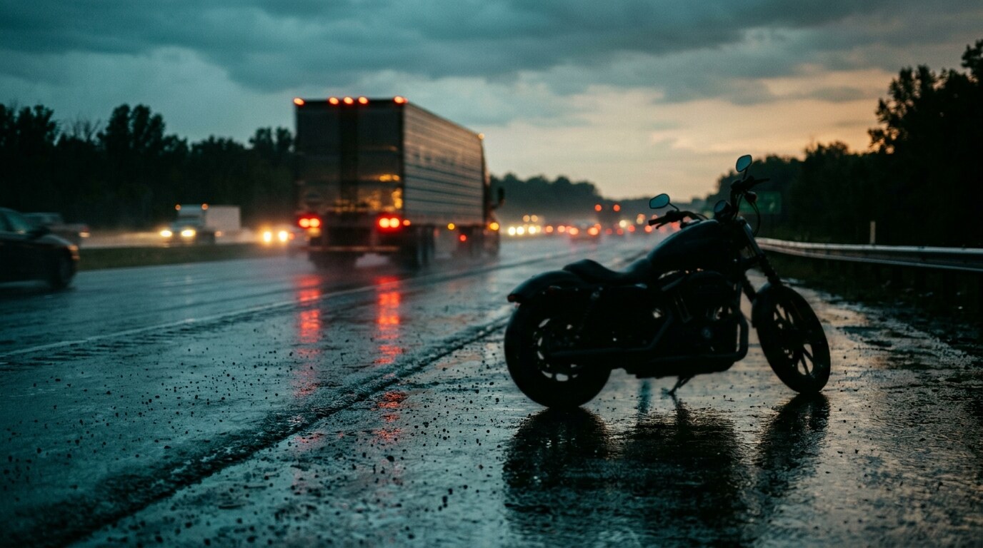 Flatbed trailer with a shifted, poorly strapped cargo load on a highway