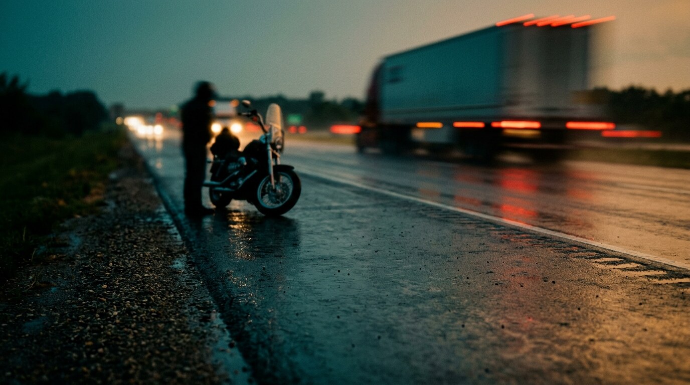 A commercial tractor-trailer and a motorcycle sharing a highway lane at dusk