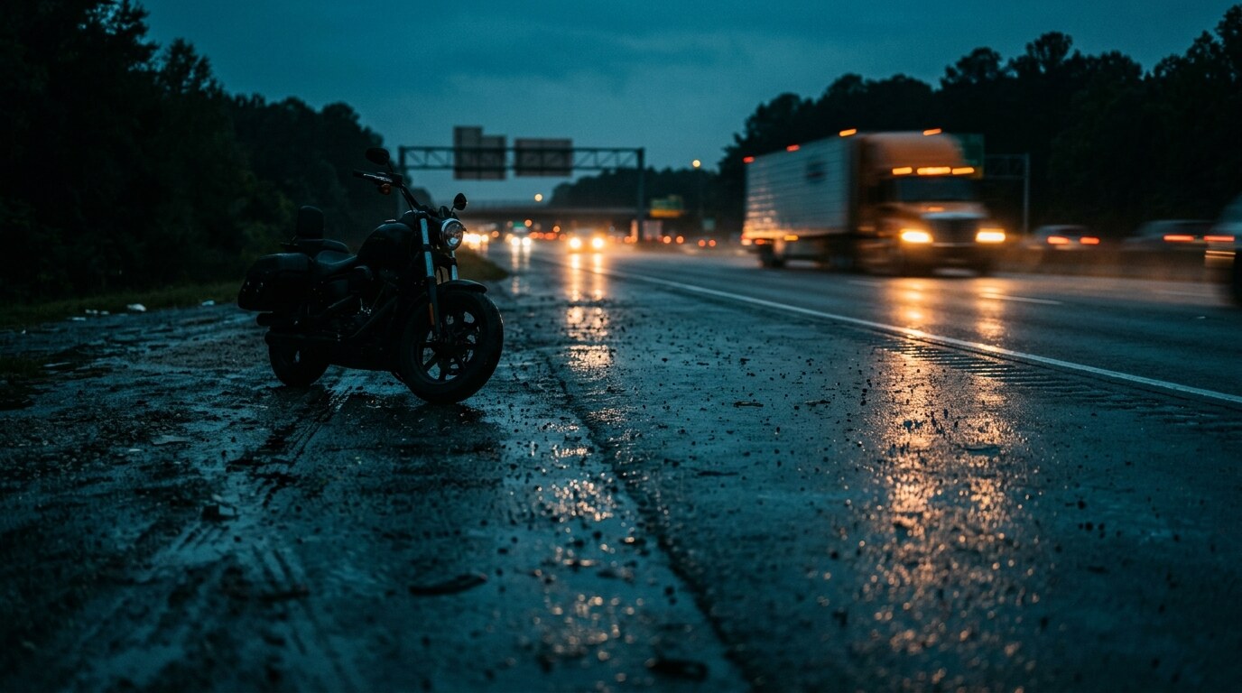 Commercial tractor-trailer on a highway at dusk