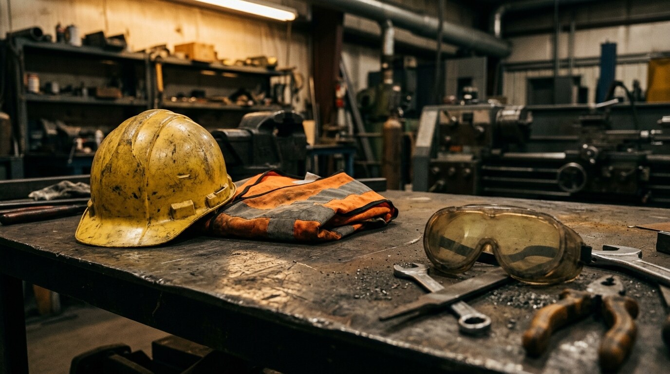Industrial worksite with machine guarding and a posted lockout tag