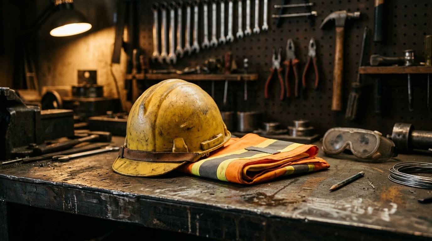 Worker walking through a parking lot toward a job site at dawn