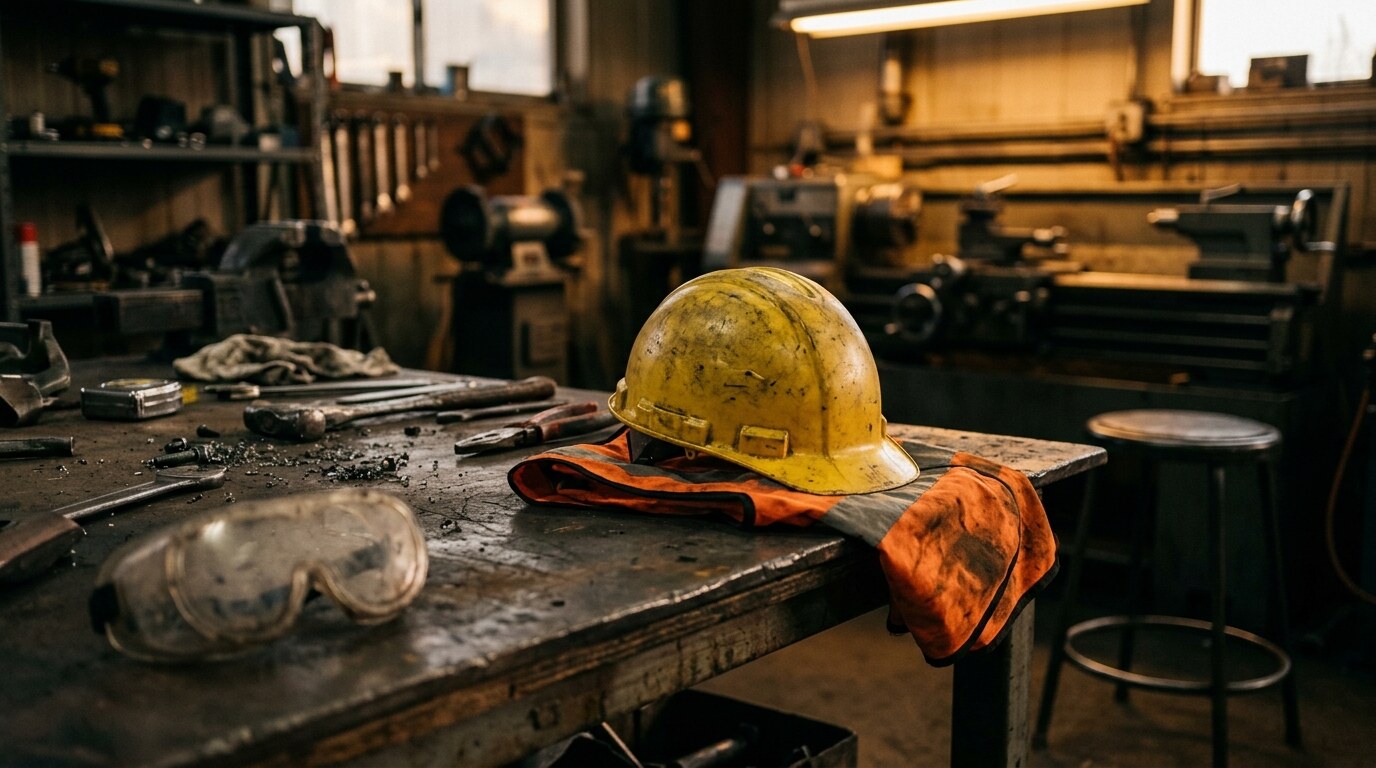 Warehouse worker rubbing a sore shoulder beside stacked pallets under fluorescent light