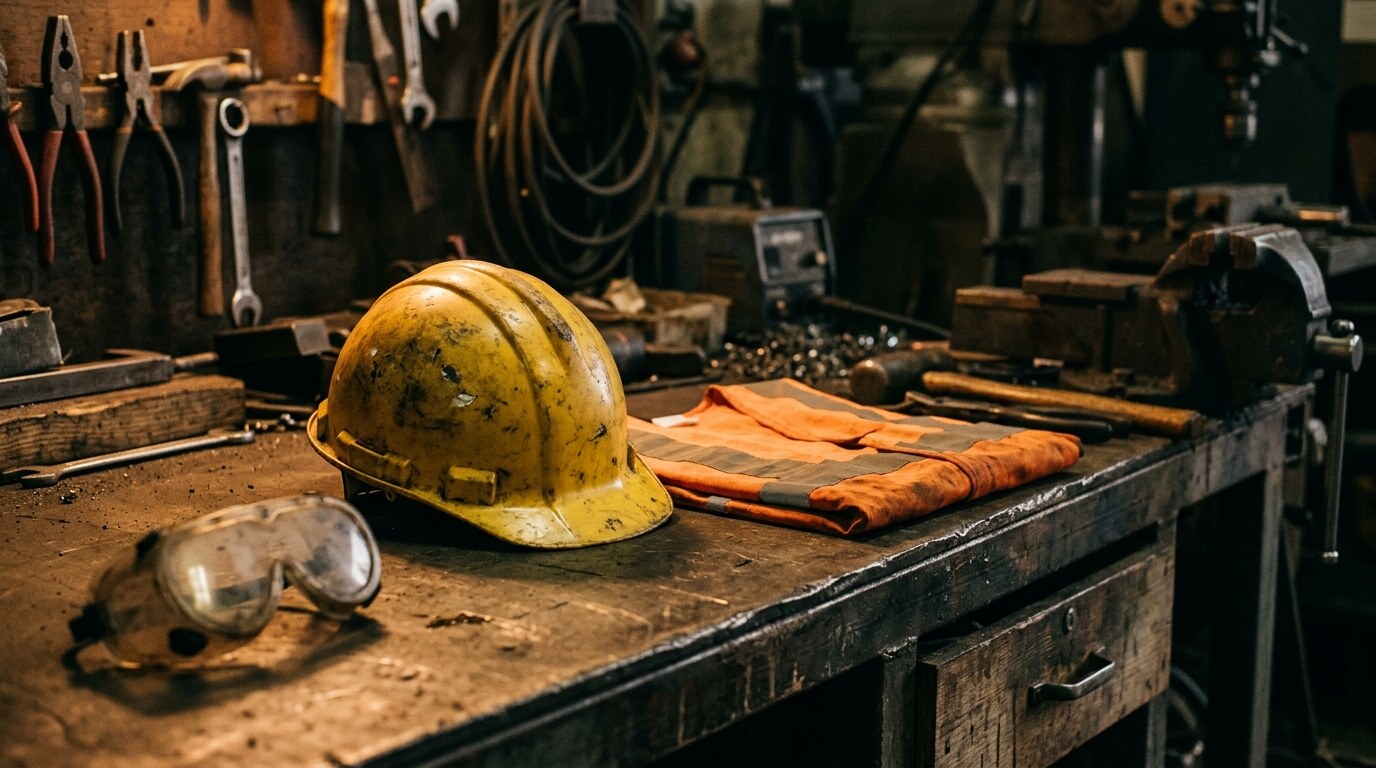 Construction worker in a hard hat reviewing a tablet at an industrial work site