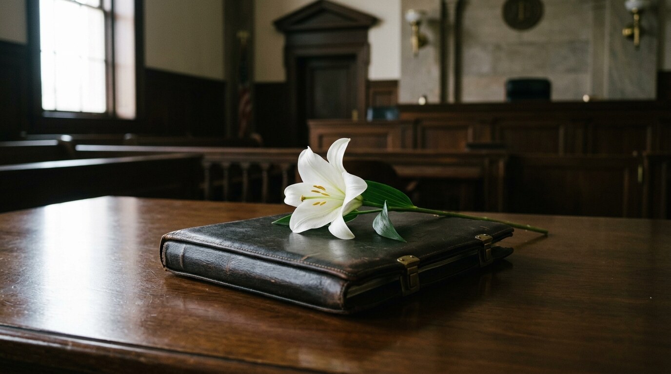 Empty courtroom gallery bench in soft daylight