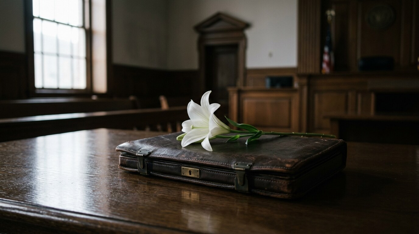 Empty courtroom gallery seen through a doorway in soft light