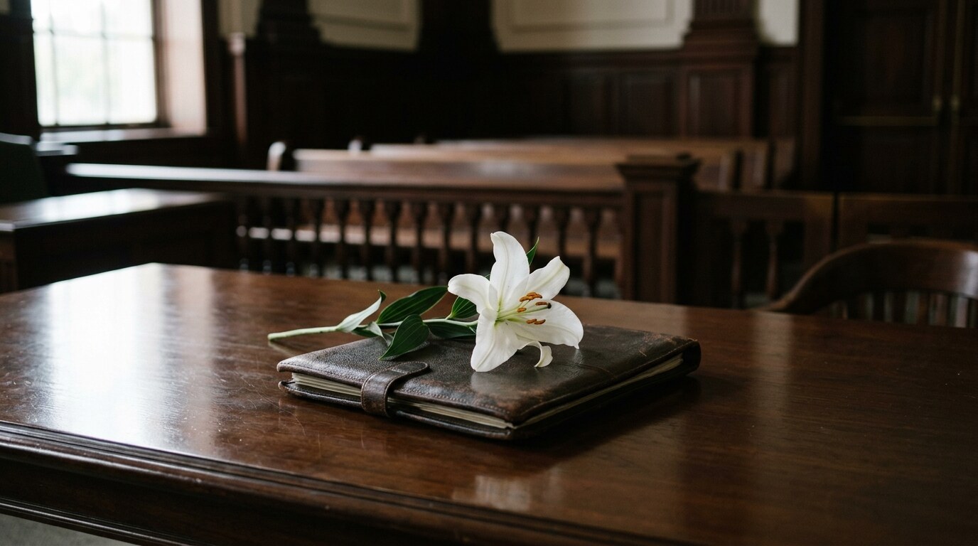 An empty conference table with a single settlement check and legal documents in soft daylight