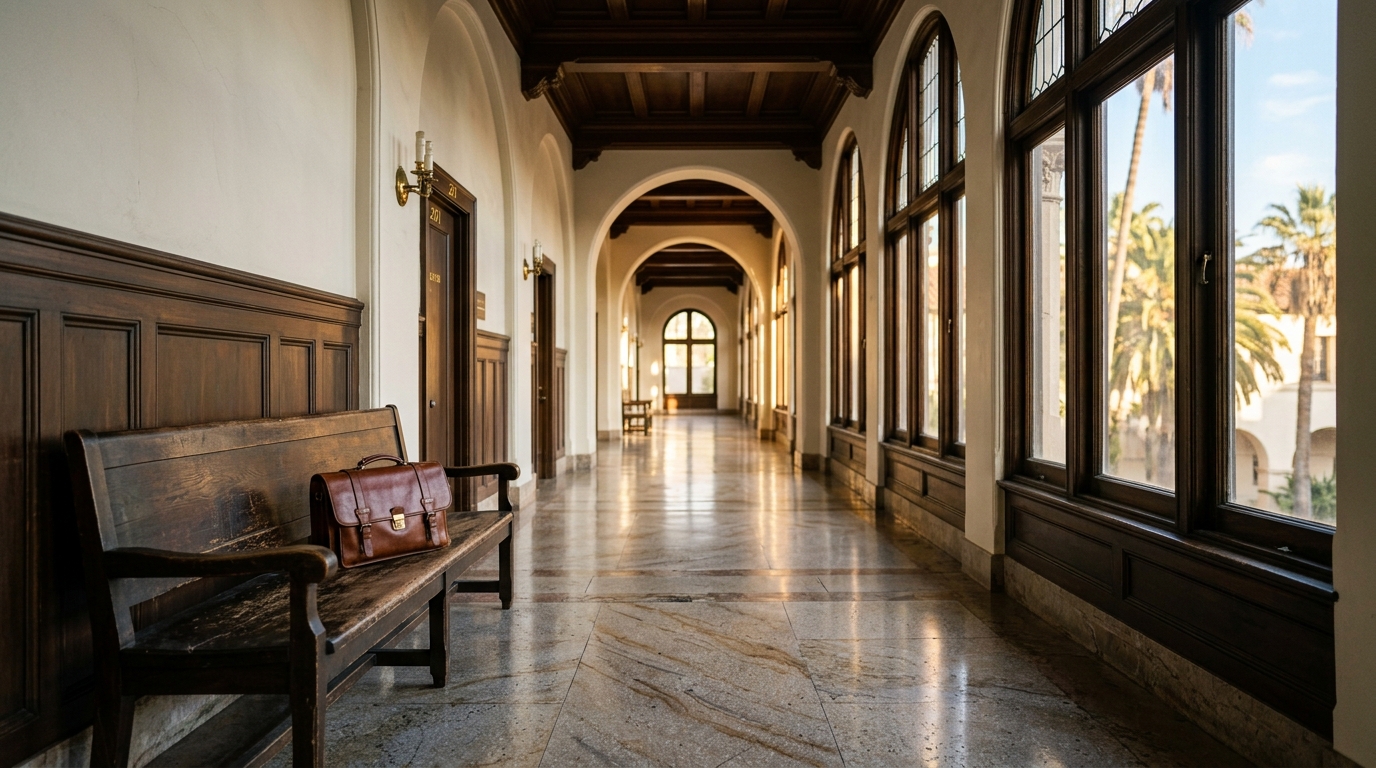 Empty courthouse corridor with afternoon light through tall windows and a leather briefcase on a wooden bench.