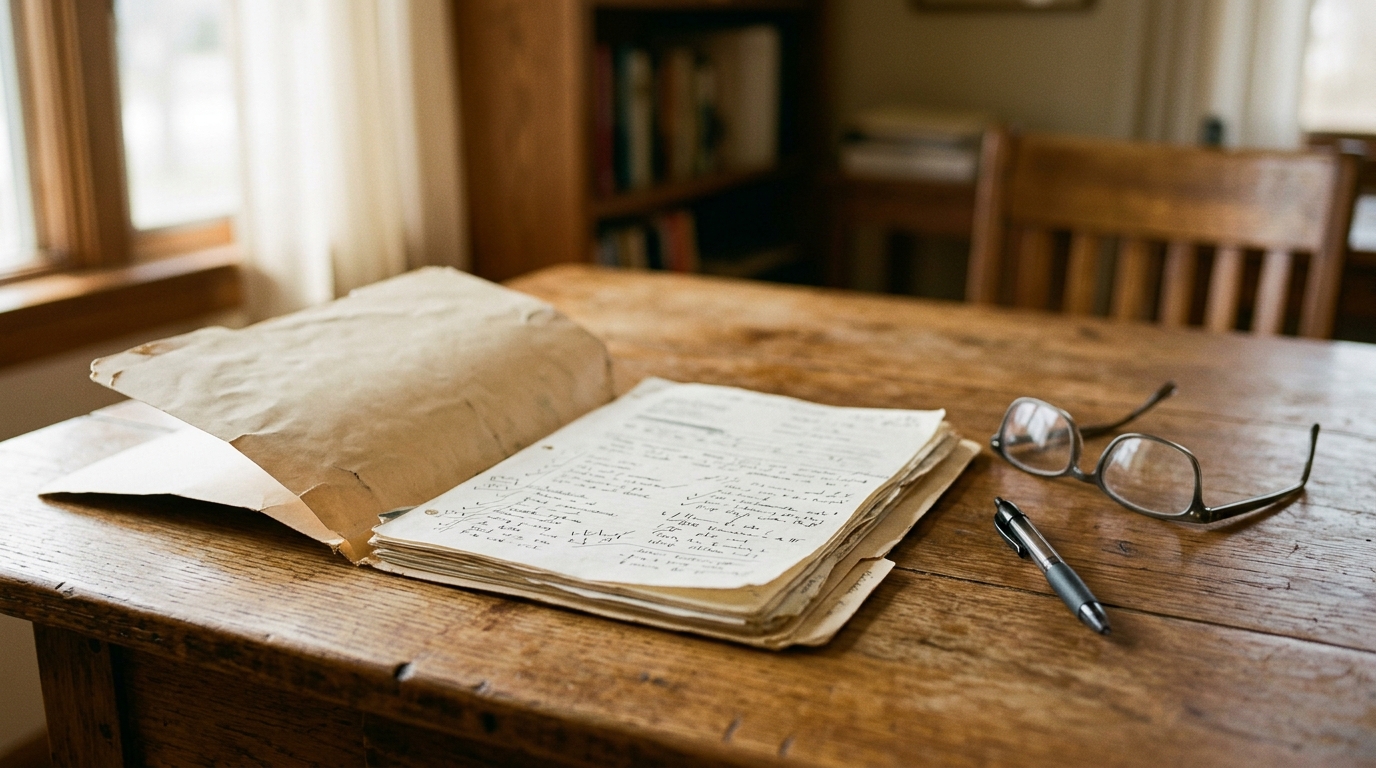An open claims file and reading glasses on a wooden desk in warm afternoon light.