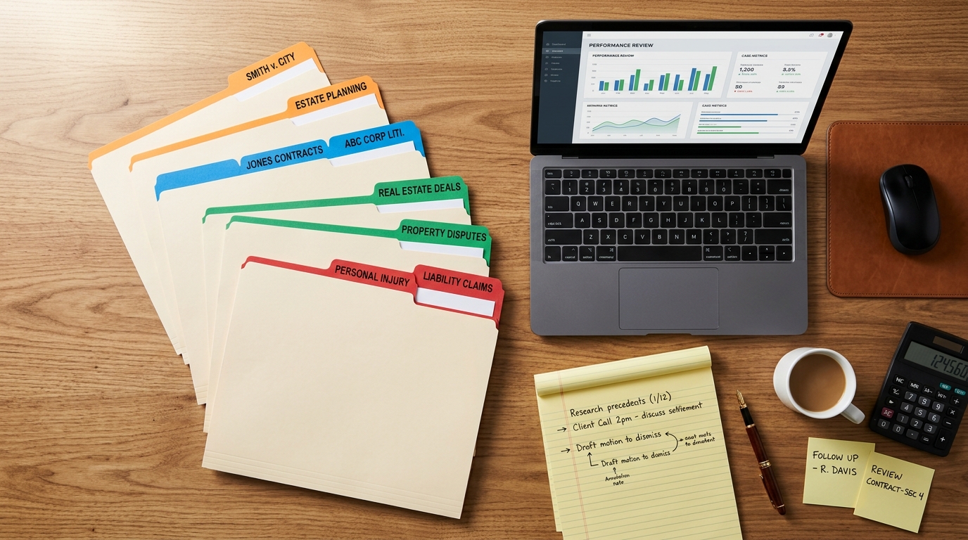 Organized stack of file folders on a paralegal desk with a laptop