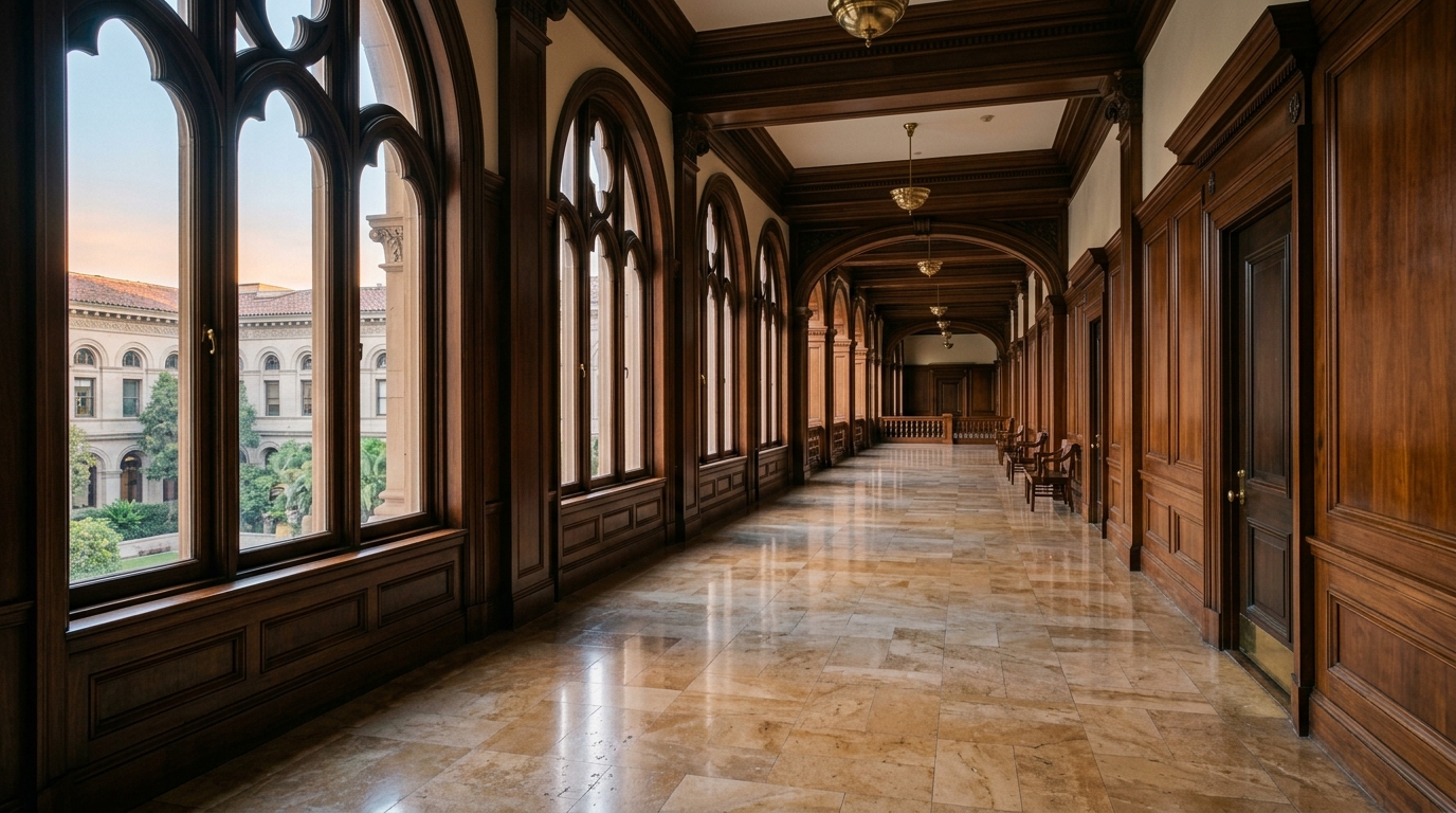 Empty hallway of a California superior court building with arched windows and polished marble floors