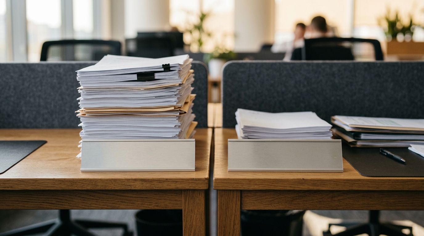Two adjacent office desks with identical setups but unequal stacks of paperwork, suggesting disparity between comparable roles.