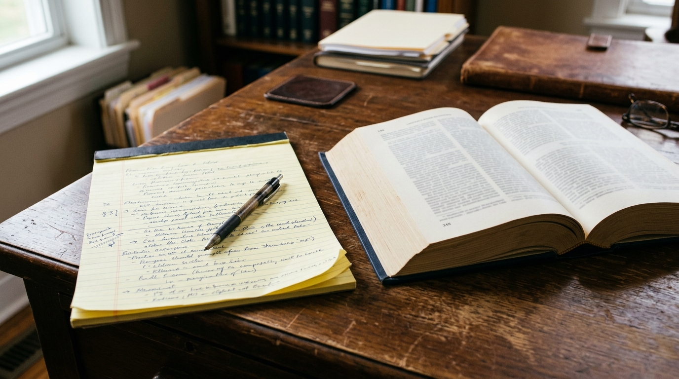 Open law book and yellow legal pad with handwritten notes on a wooden desk in soft window light