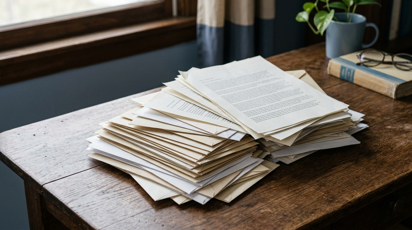 Stack of generic correspondence envelopes and printed letters on a dark wood conference table in soft directional light with slate-blue and beige tones