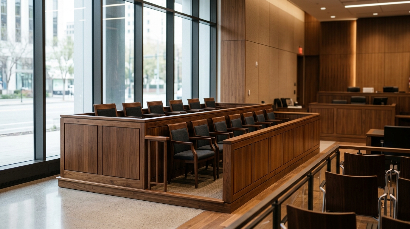 Empty wooden jury box with rows of chairs in a daylit courtroom, no people present.