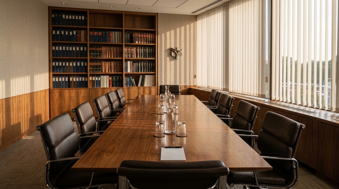 An empty private mediation conference room with a long wood table and leather chairs lit by afternoon light through window blinds.