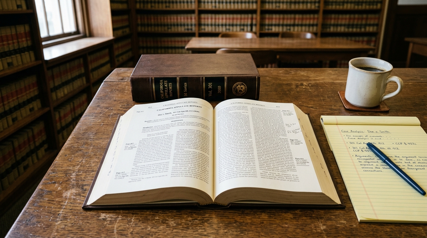 Open California appellate reporter volume on a wooden law-library table next to a legal pad and pen.