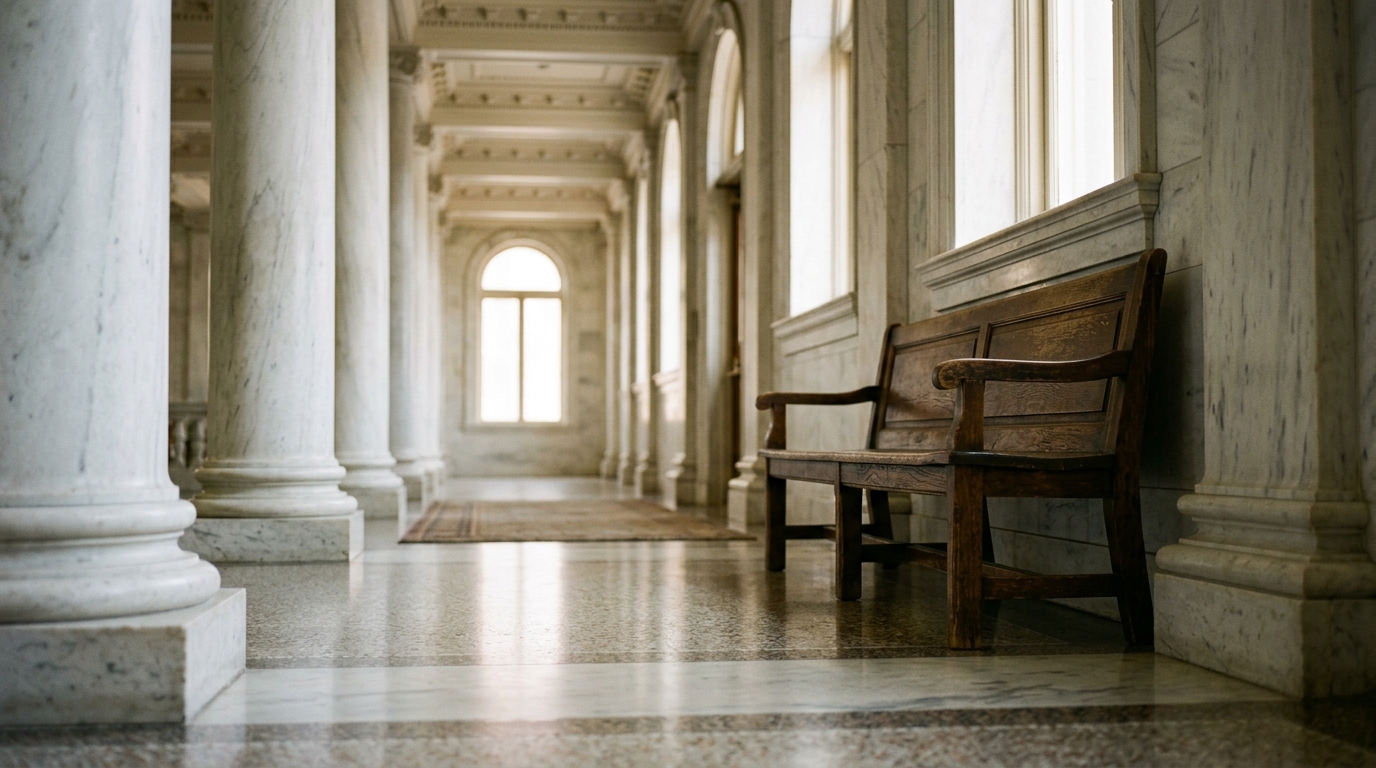 Empty marble courthouse corridor with columns and a wooden bench in soft afternoon light.