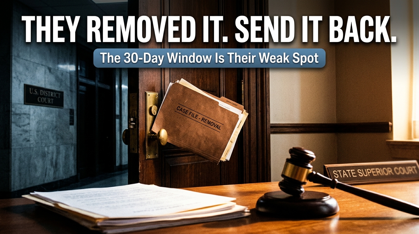 A federal courthouse door closing while a state-court gavel sits in the foreground, with a bold all-caps headline reading "They Removed It. Send It Back." baked into the image.