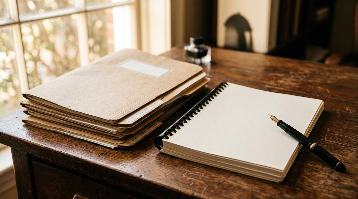 Stacked manila record folders and a bound transcript on a desk in warm daylight, suggesting document production in litigation.