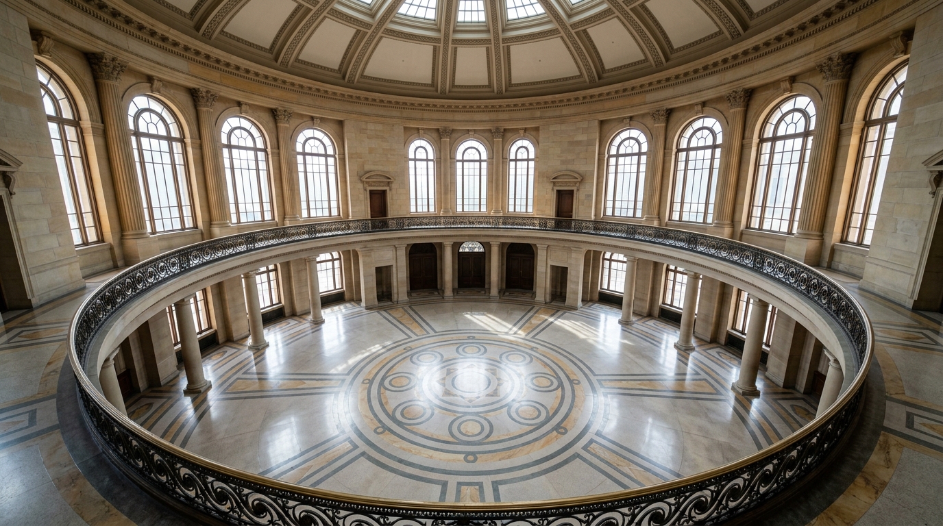 Empty courthouse rotunda with stone floors and tall windows lit by morning light.