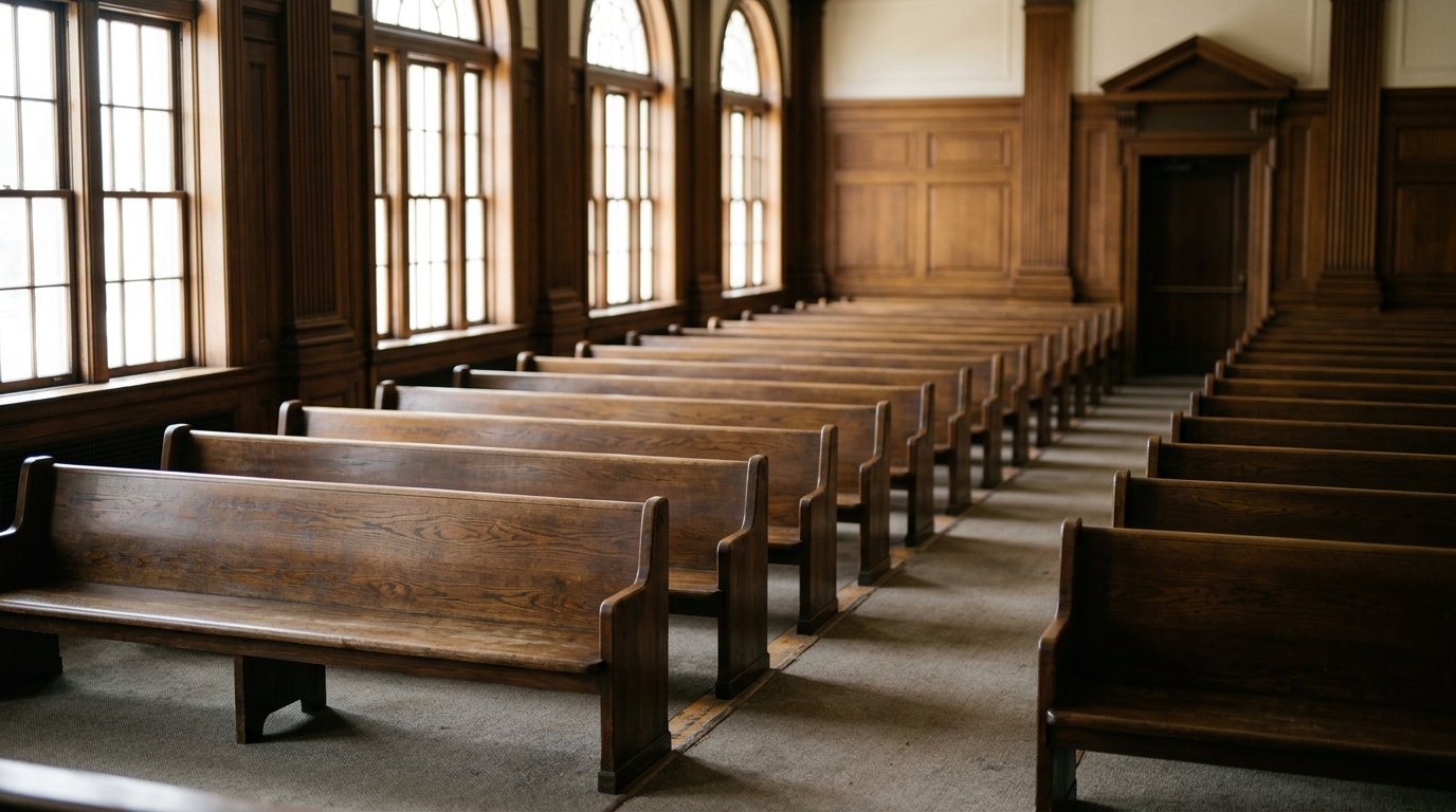 An empty California courtroom gallery lit by daylight from tall windows, rows of vacant wooden benches in soft focus.
