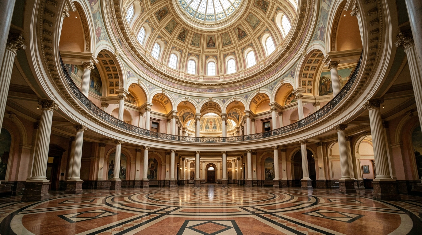 Interior view of the California State Capitol rotunda showing marble columns under soft overhead natural light