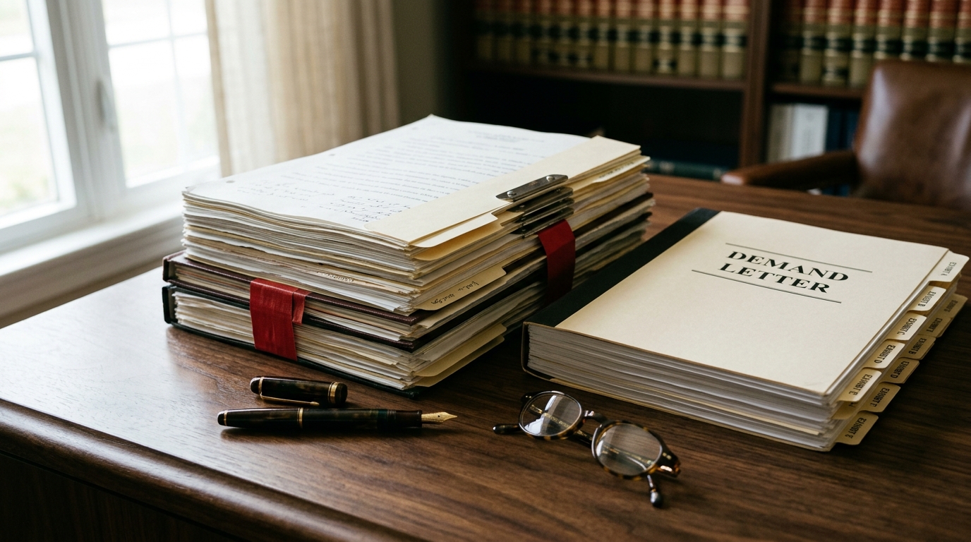 Bound legal demand letter exhibits stacked on a dark walnut attorney's desk beside a fountain pen and reading glasses